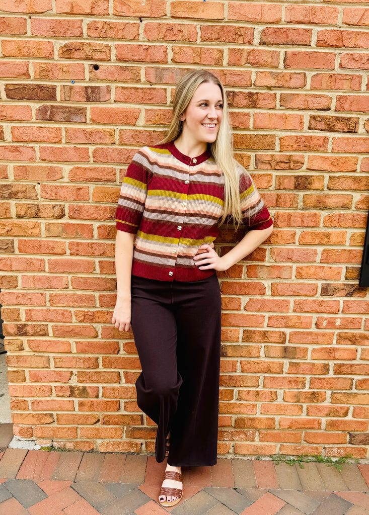 SHORT SLEEVE STRIPE CARDIGAN SWEATER - BURGUNDY