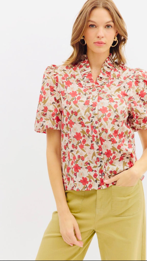 FLORAL PRINT PUFF SLEEVE TOP - ECRU
