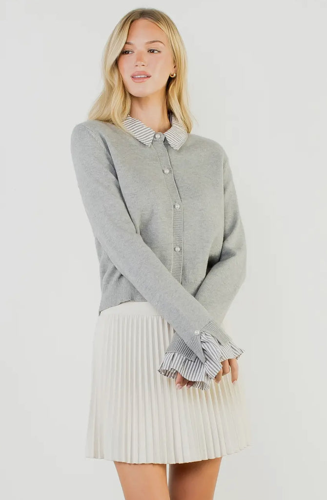 PEARL BUTTON DOWN SWEATER - GREY