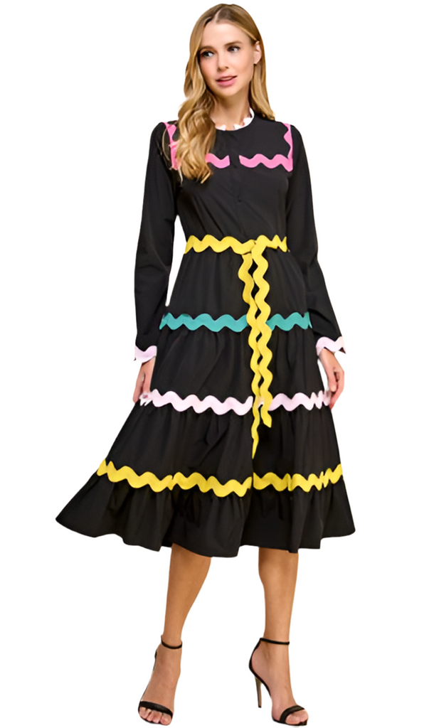 BLACK LONGSLEEVE DRESS WITH COLORFUL RIC RAC