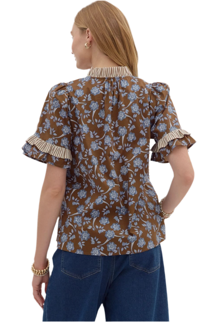 FLORAL PUFF SLEEVE TOP WITH CONTRAST RUFFLE - BROWN