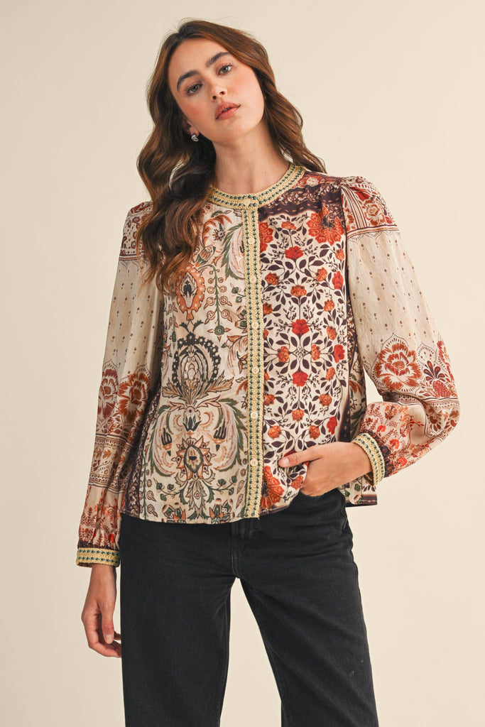 PATCHWORK PRINT CROCHET TRIM BUTTON FRONT BLOUSE