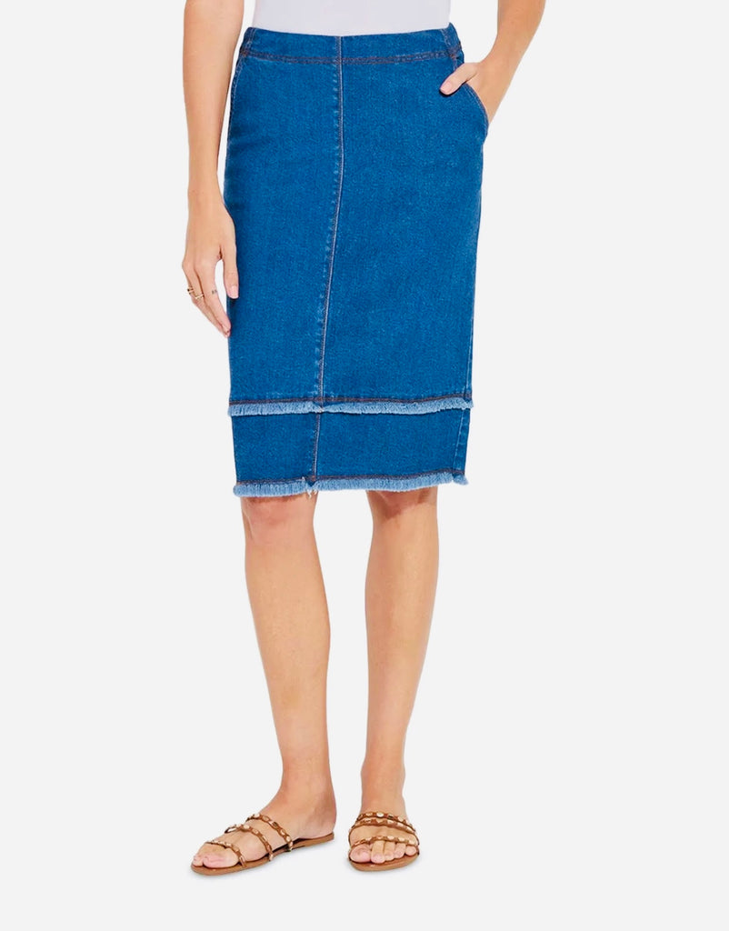 LYSSE' EVELINA FRINGED DENIM PENCIL SKIRT - MID WASH