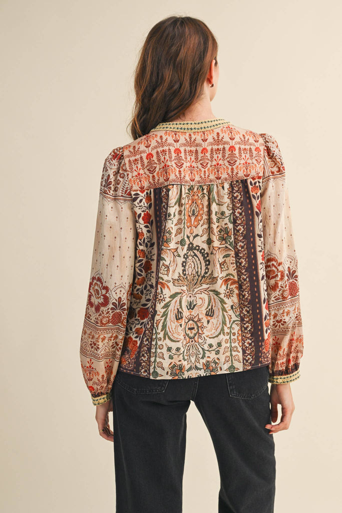 PATCHWORK PRINT CROCHET TRIM BUTTON FRONT BLOUSE