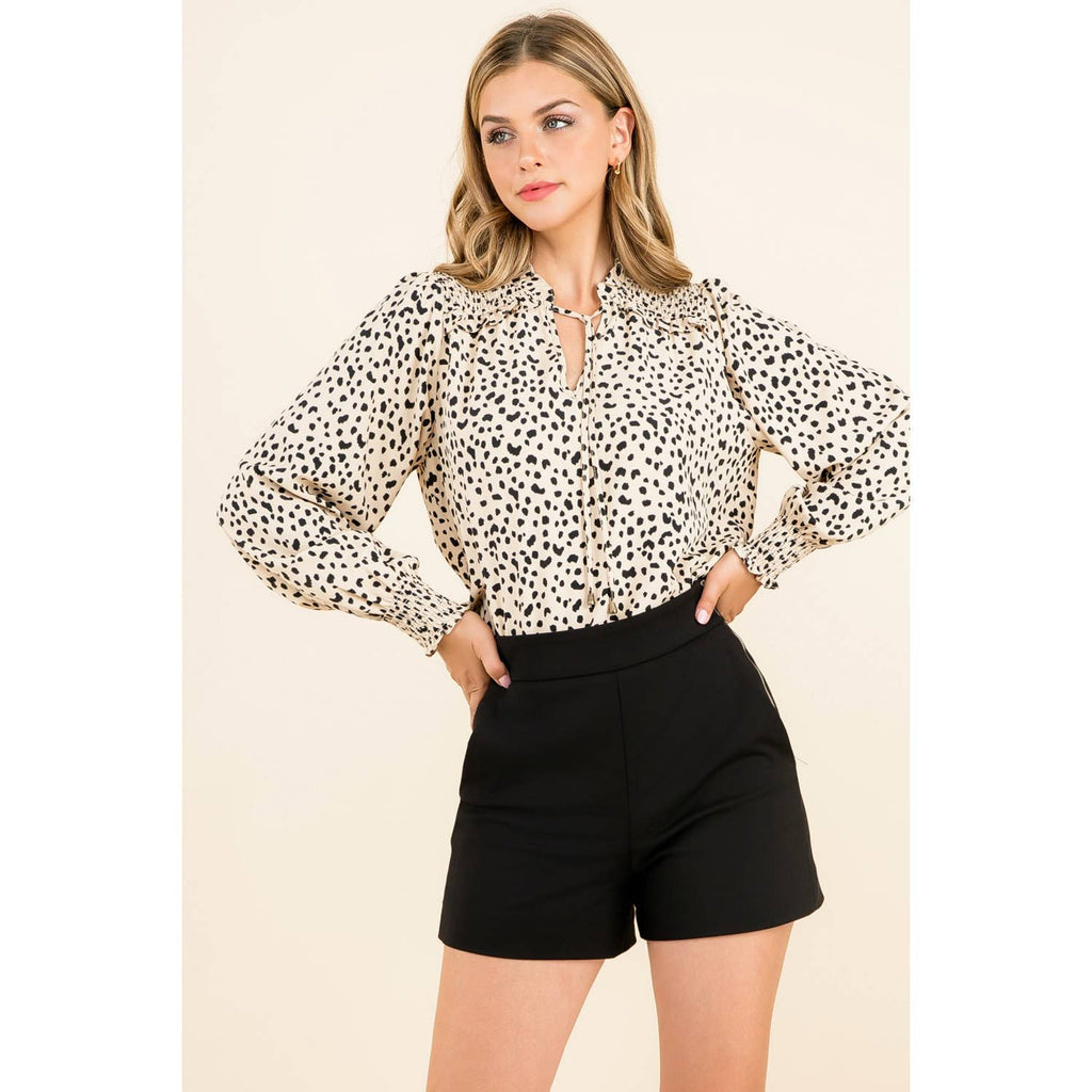 LEOPARD PRINT BLOUSE WITH SMOCKED DETAIL - CREAM