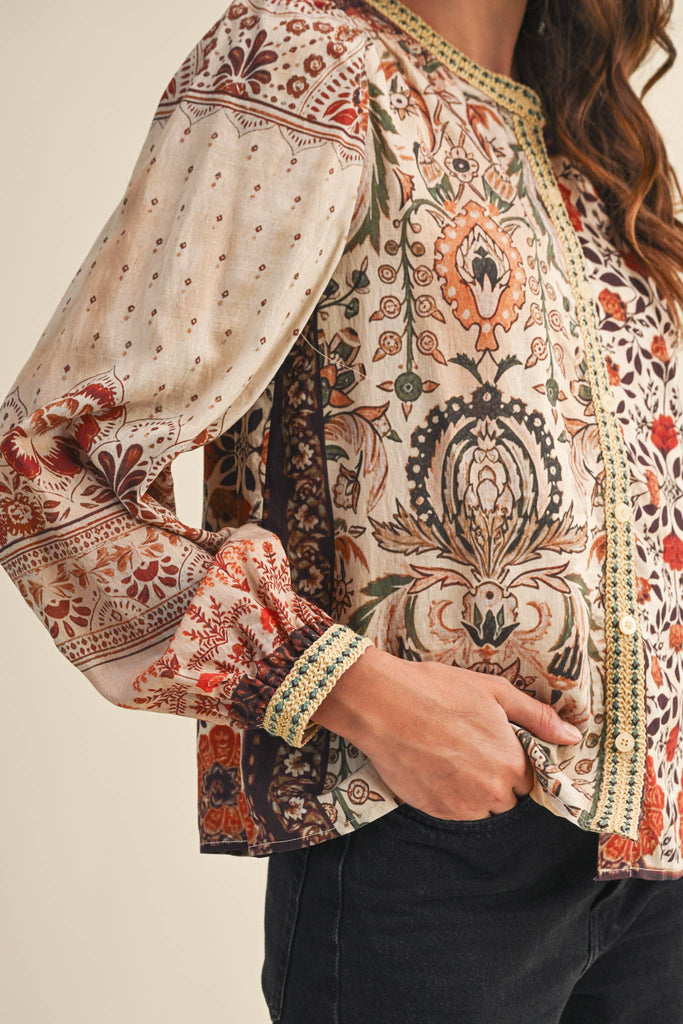 PATCHWORK PRINT CROCHET TRIM BUTTON FRONT BLOUSE