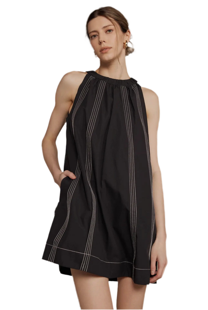 STITCH CONTRAST HALTER NECK MINI DRESS - BLACK
