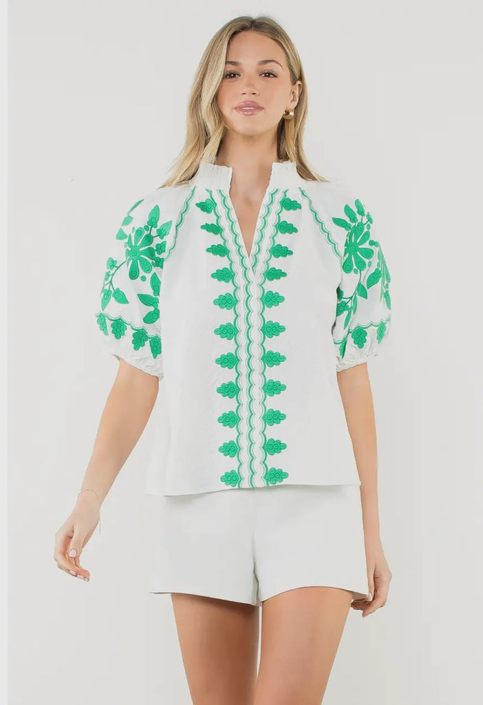 PUFF SLEEVE EMBROIDERED TOP - WHITE/GREEN