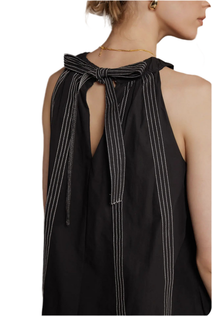 STITCH CONTRAST HALTER NECK MINI DRESS - BLACK