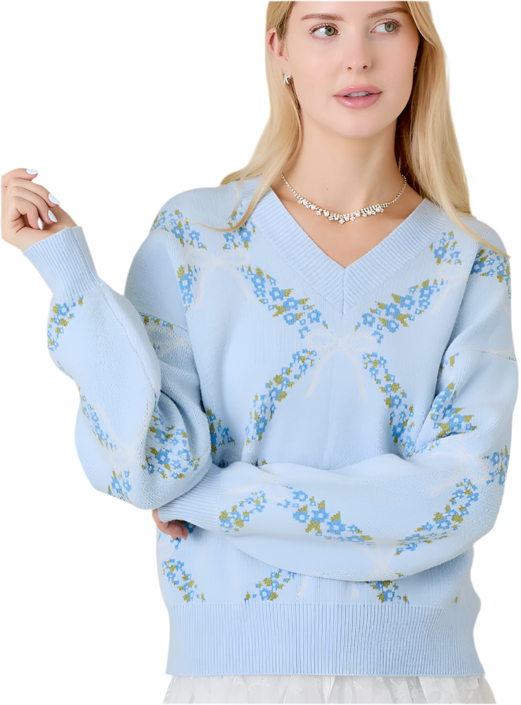 FLORAL VNECK SWEATER WITH RIBBON DETAIL