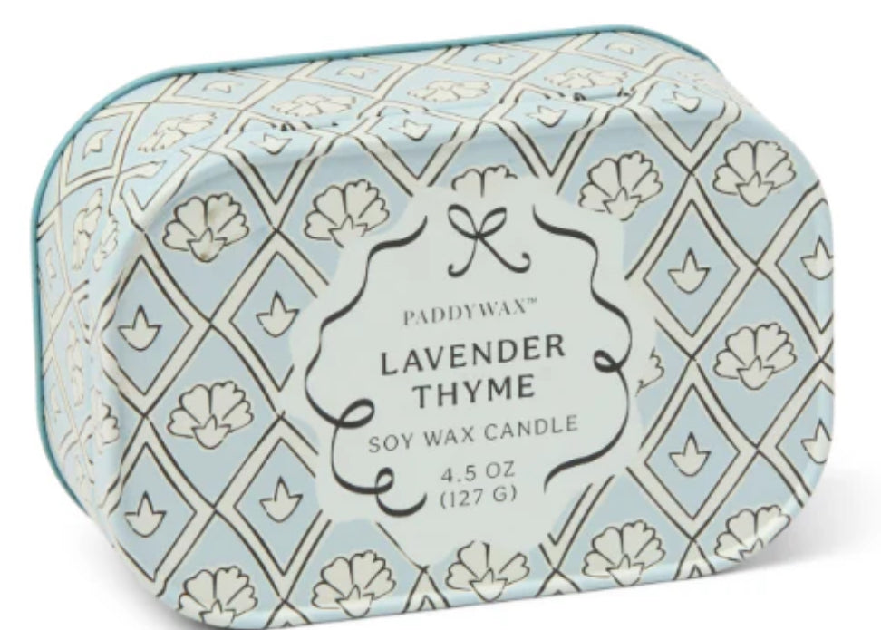CHERIE CANDLE IN PRINTED TIN - LAVENDER & THYME