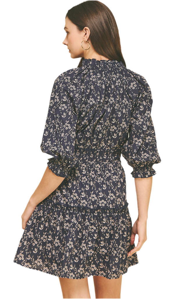 FLORAL BALLOON SLEEVE MINI DRESS - NAVY