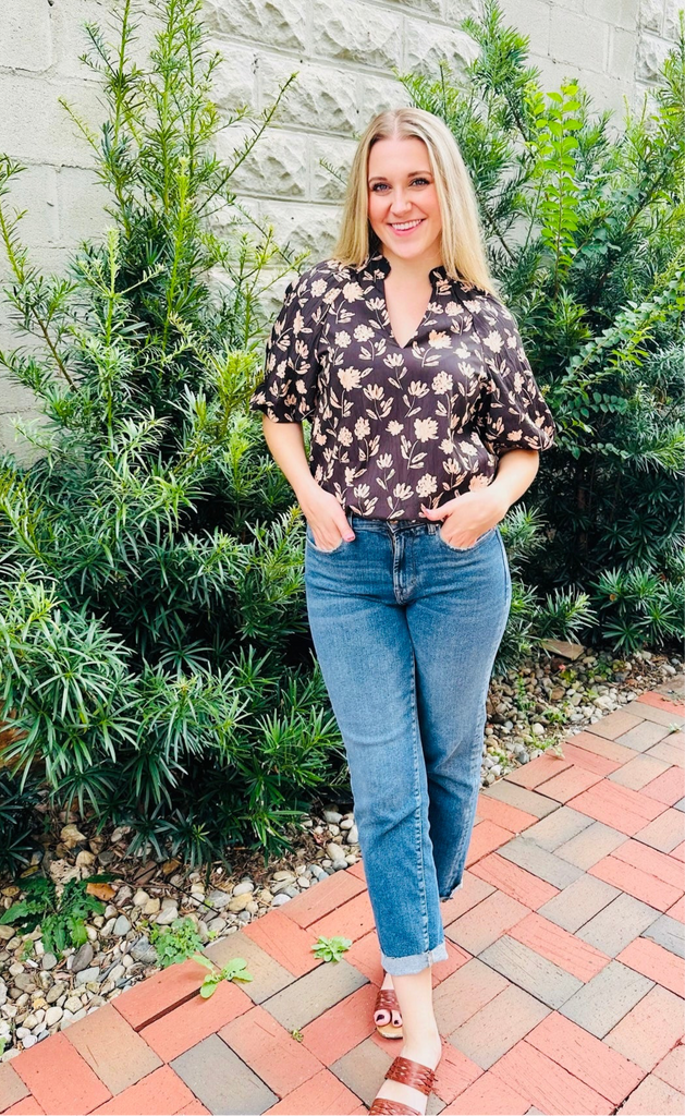 SHORT SLEEVE PRINT TOP - BLACK