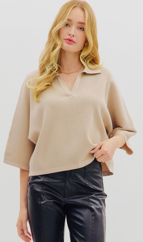3/4 SLEEVE COLLARED VNECK KNIT TOP - STONE