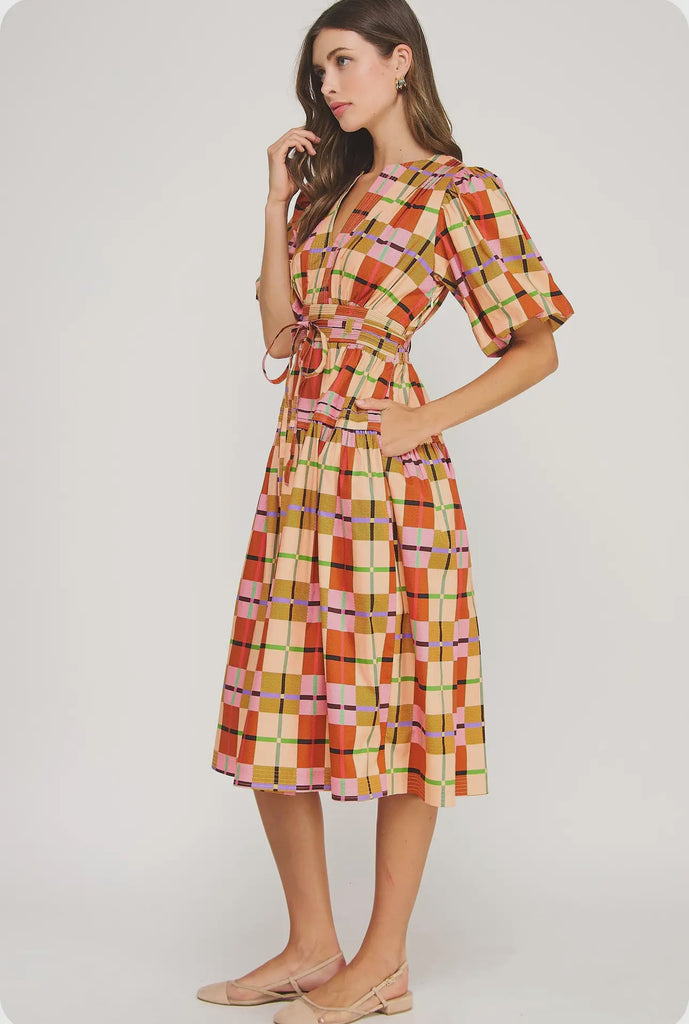 PRINT PLAID MIDI DRESS - MULTI
