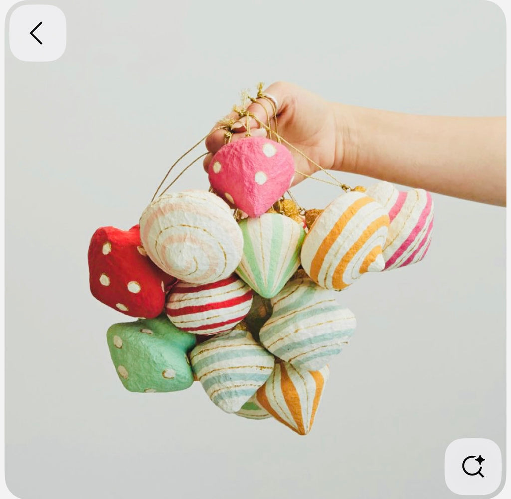 HANDMADE PAPER MACHE ORNAMENT WITH DOTS, STRIPES AND METALLIC GOLD DETAILS - 18 STYLES