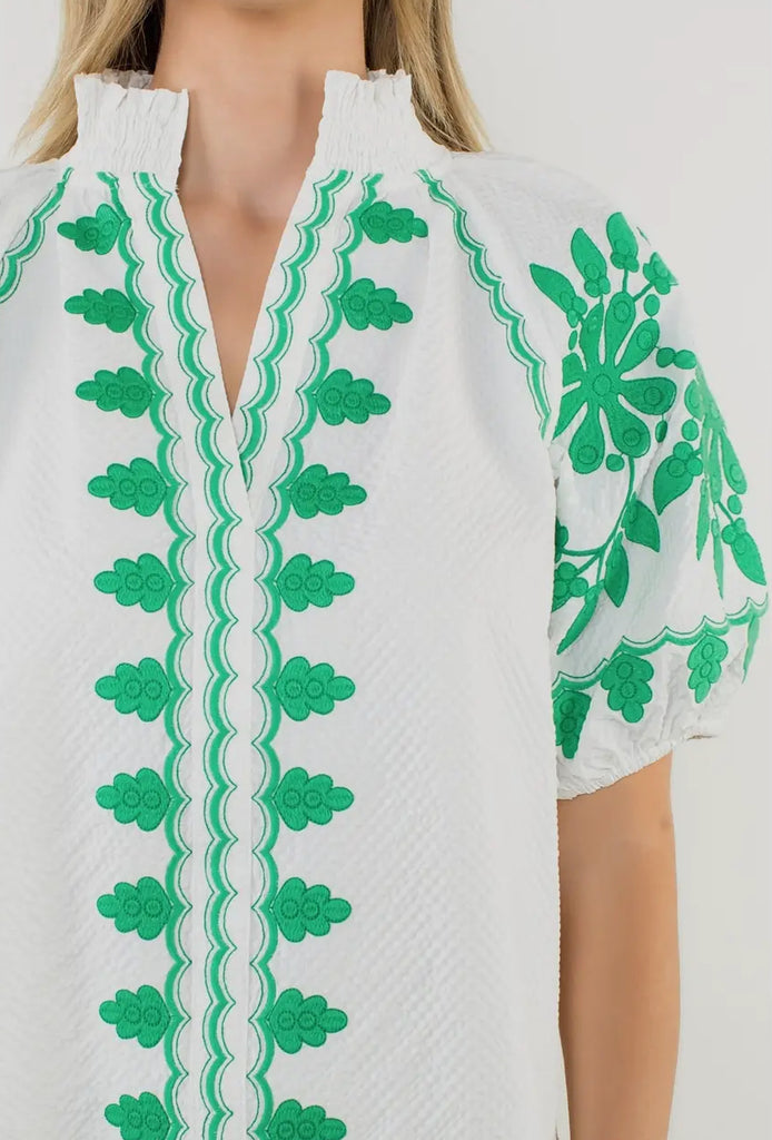 PUFF SLEEVE EMBROIDERED TOP - WHITE/GREEN