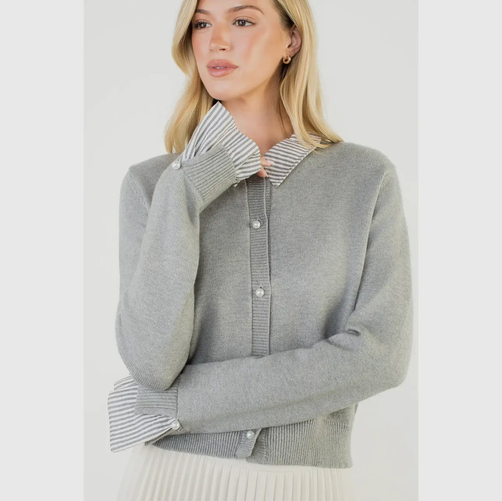 PEARL BUTTON DOWN SWEATER - GREY