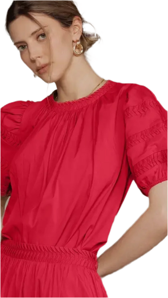 PINTUCK DETAIL PUFF SLEEVE TOP - CHERRY RED