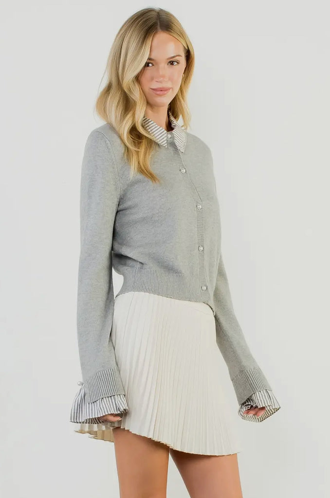 PEARL BUTTON DOWN SWEATER - GREY
