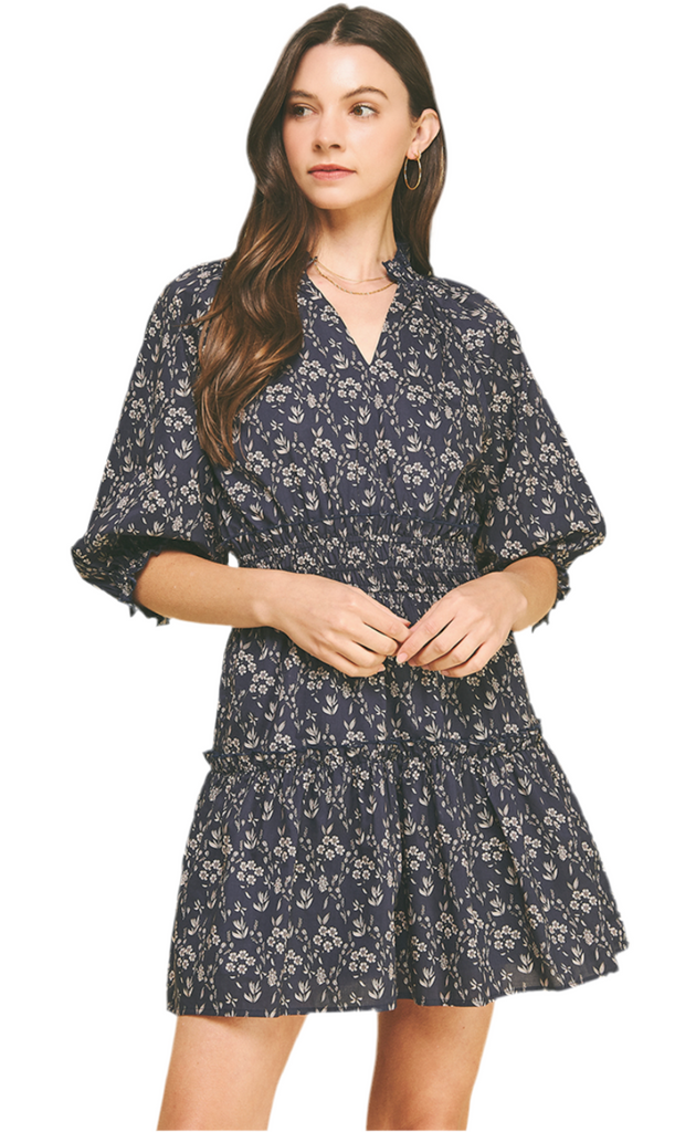 FLORAL BALLOON SLEEVE MINI DRESS - NAVY
