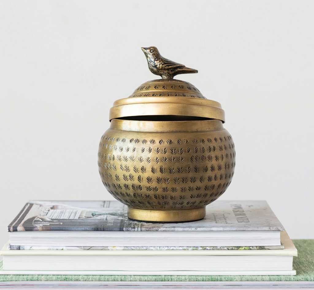 DECORATIVE HAMMERED METAL CONTAINER WITH LID AND BIRD FINIAL - BRASS FINISH