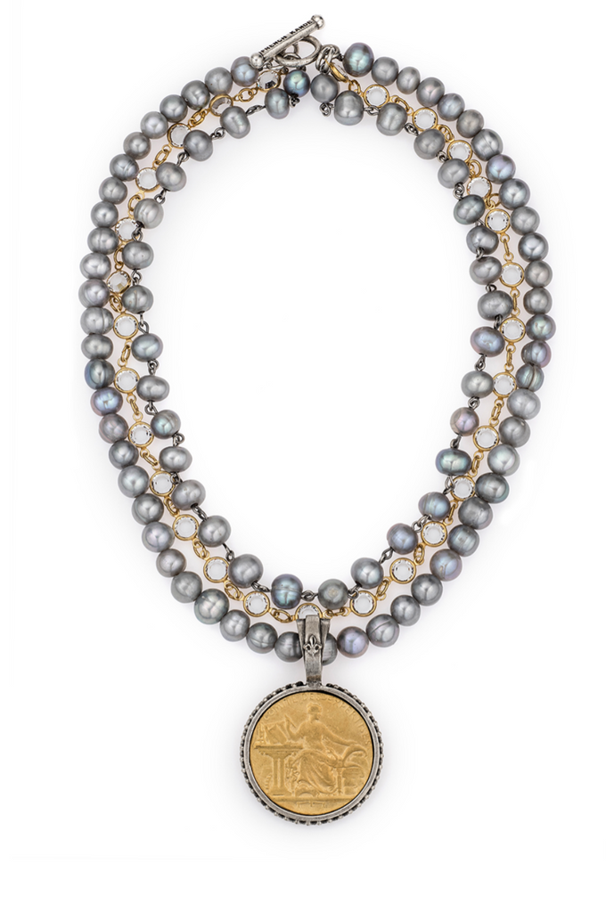 FRENCH KANDE 17" TRIPLE SILVER PEARLS AND 24K GOLD CRYSTAL CHANEL SET COMITE MEDALLION