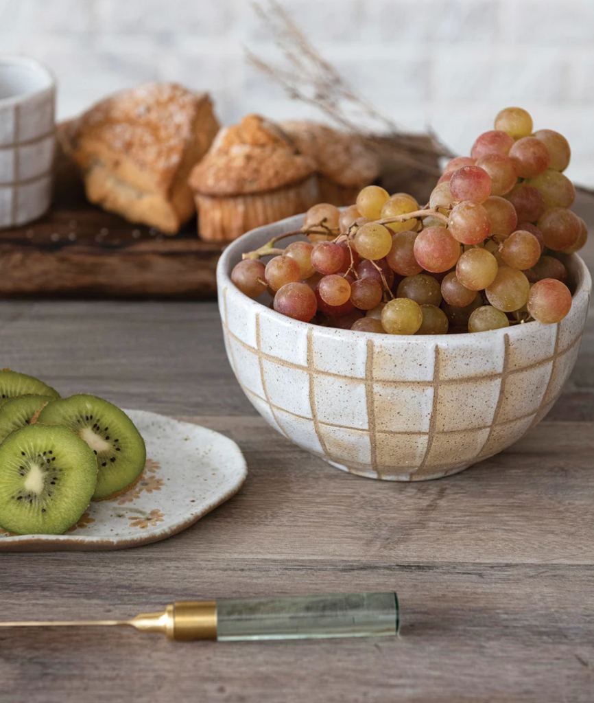 STONEWARE BOWL WITH WAX RELIEF GRID PATTERN- IN STORE PICK UP ONLY!