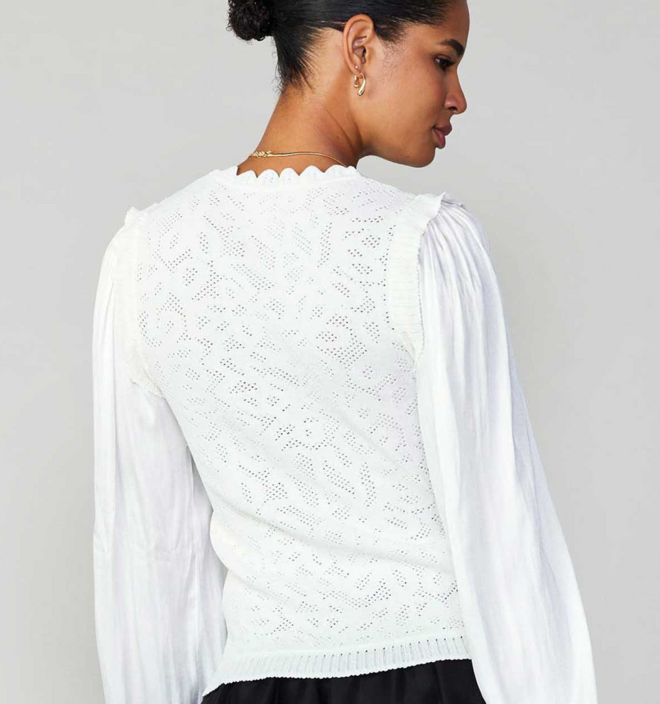 LONGSLEEVE WOVEN COMBO SWEATER WITH TEXTURAL KNIT AND SCALLOPED IN WHITE