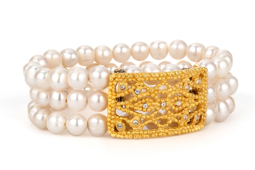 FRENCH KANDE TRIPLE STRAND WHITE PEARL WITH 24K BOUCLE