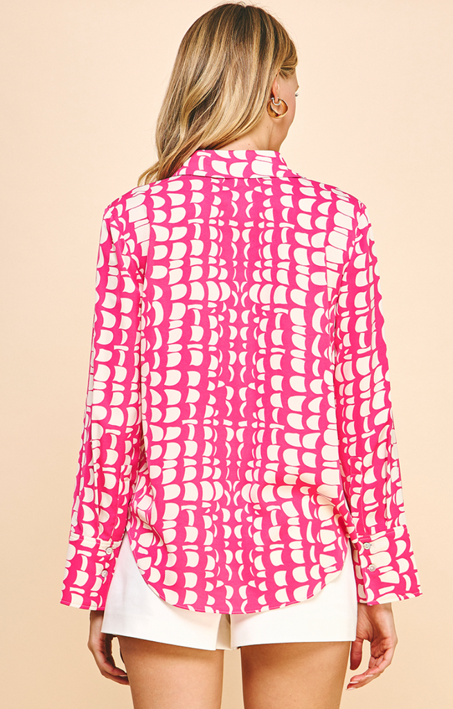 PRINTED BUTTON DOWN SHIRT IN HOT PINK