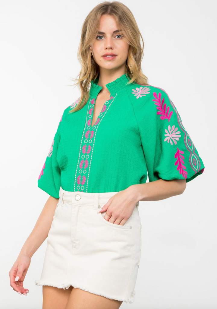 EMBROIDERED PUFF SLEEVE TEXTURED TOP