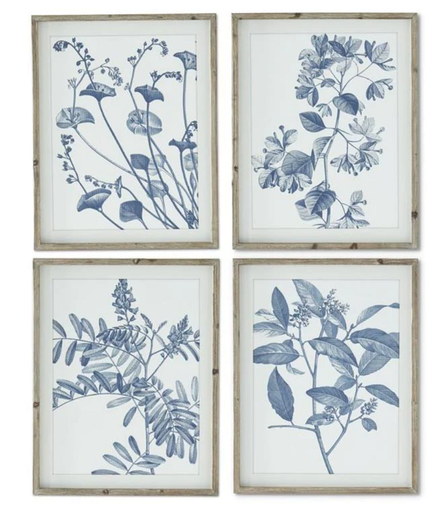 BLUE & WHITE BOTANICAL PRINTS WITH WOOD FRAME - 4 STYLES