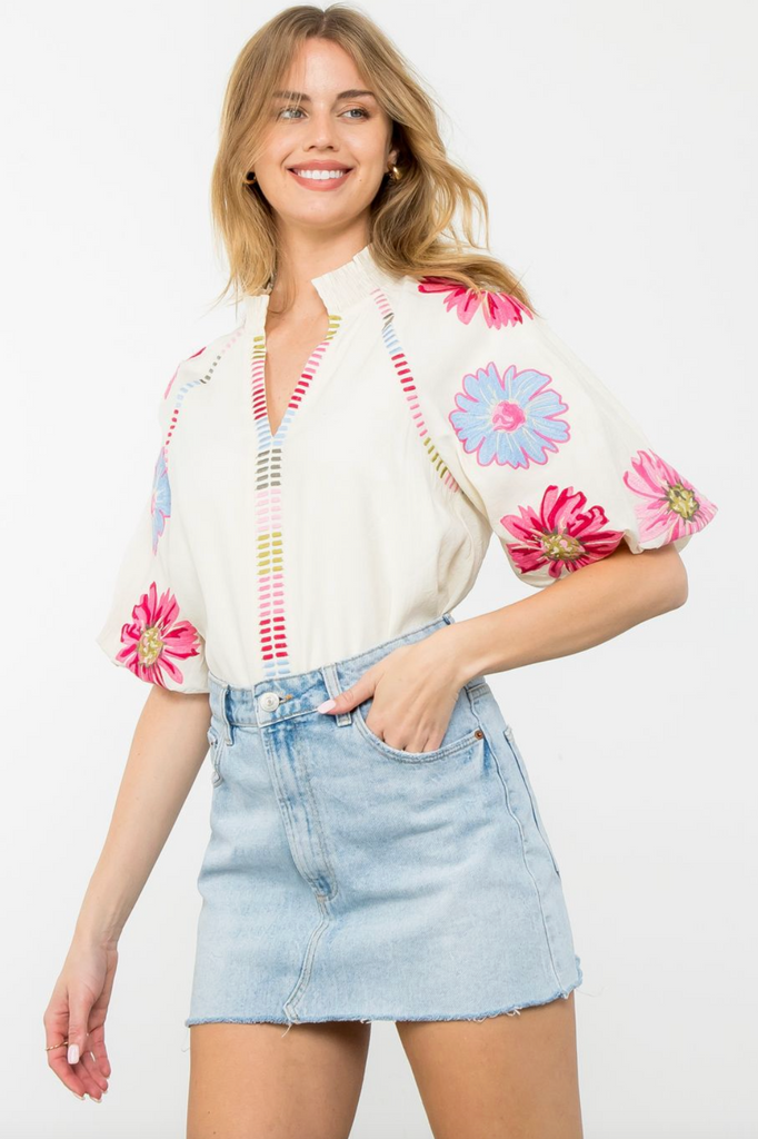 PUFF SLEEVE EMBROIDERED FLORAL PRINT TOP
