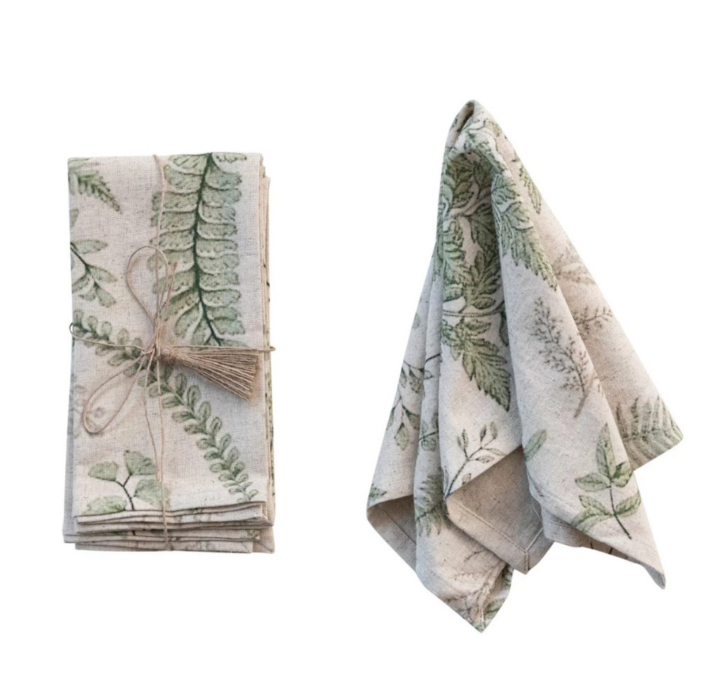 SQUARE COTTON AND LINEN PRINTED NAPKINS WITH BOTANICALS - SET OF 4