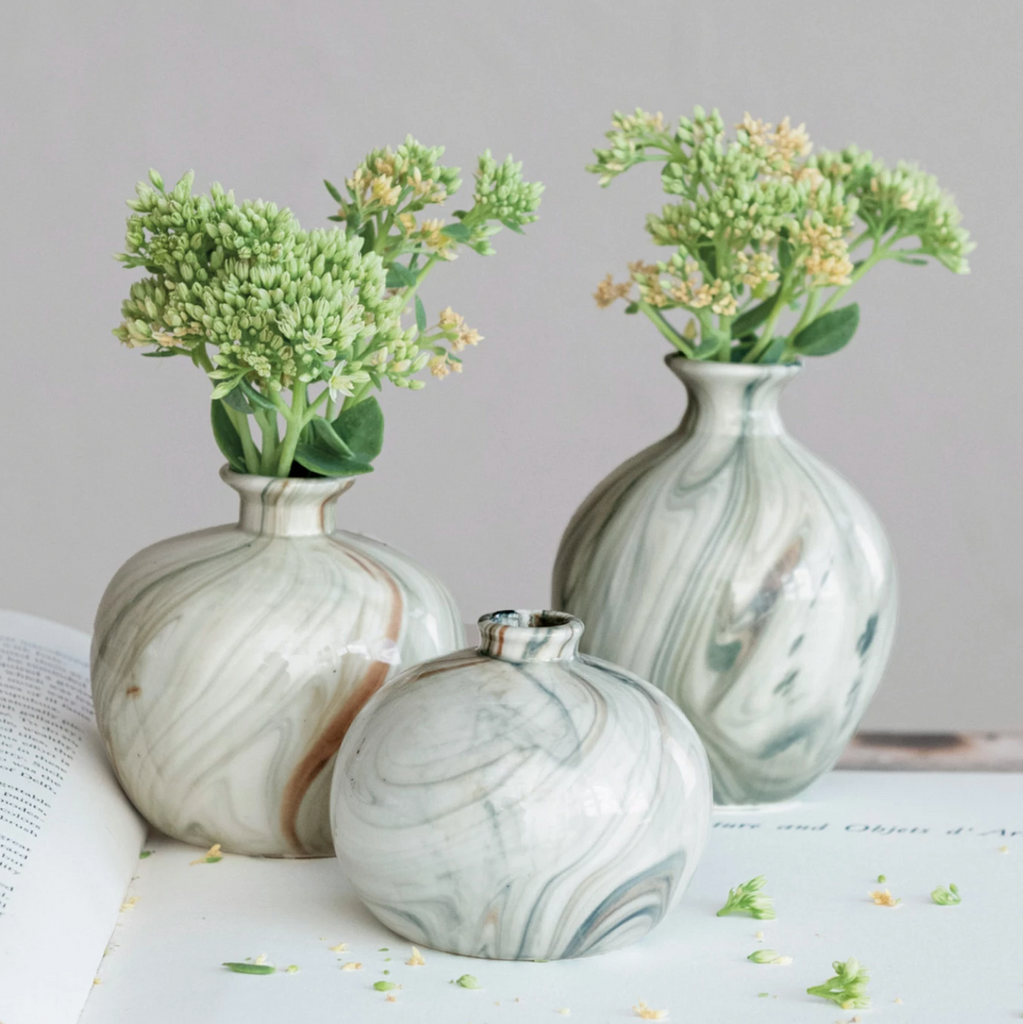 STONEWARE VASES WITH MARBLED DESIGN - GREEN - 3 STYLES AVAILABLE