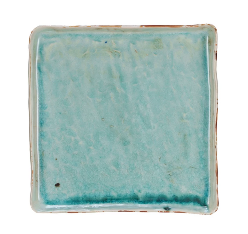SQUARE STONEWARE SERVING TRAY - REACTIVE CRACKLE GLAZE - AQUA- IN STORE PICK UP ONLY!