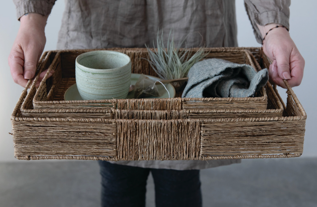 HAND WOVEN TRAYS WITH HANDLES - IN STORE PICK UP ONLY!