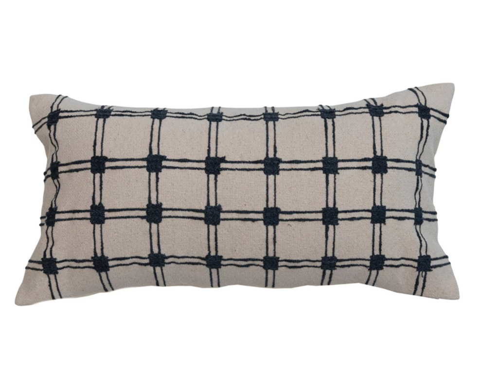 COTTON SLUB EMBROIDERED LUMBAR PILLOW WITH GRID PATTERN