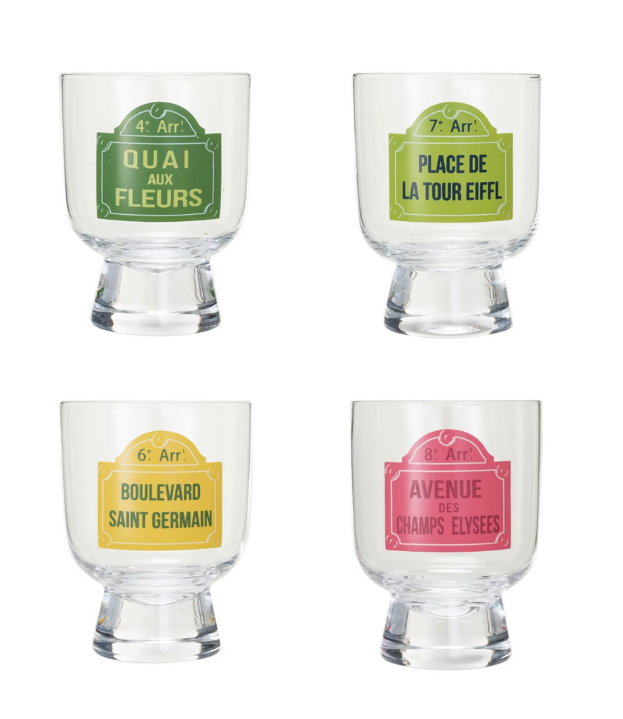 FOOTED DRINKING GLASS WITH PARIS STREET SIGN DESIGN- IN STORE PICK UP ONLY!