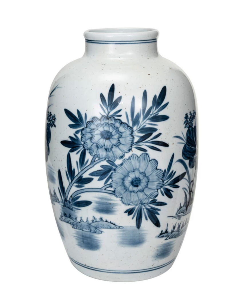 HAND-PAINTED STONEWARE VASE - BLUE AND WHITE - IN STORE PICK UP ONLY!