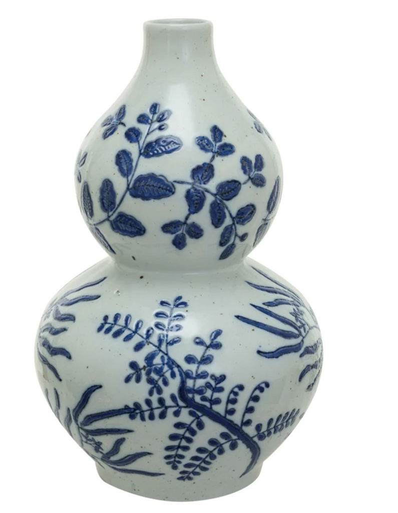 ROUND HAND-PAINTED STONEWARE VASE - BLUE AND WHITE - IN STORE PICK UP ONLY!