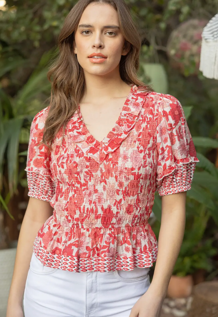 PRINT SMOCKED TOP-RED