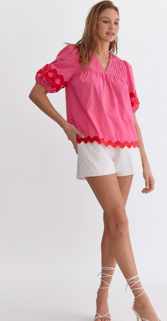 V-NECK SOLID BUBBLE SLEEVE TOP WITH RIC RAC DETAIL IN PINK
