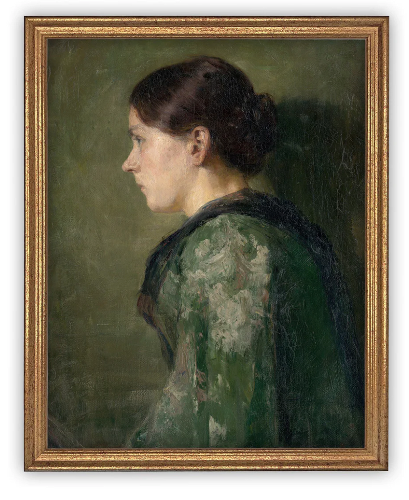 VINTAGE FRAMED CANVAS ART - PROFILE OF A WOMAN