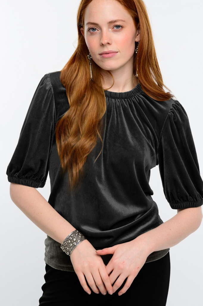 VELVET ROUCHED NECK TOP IN BLACK