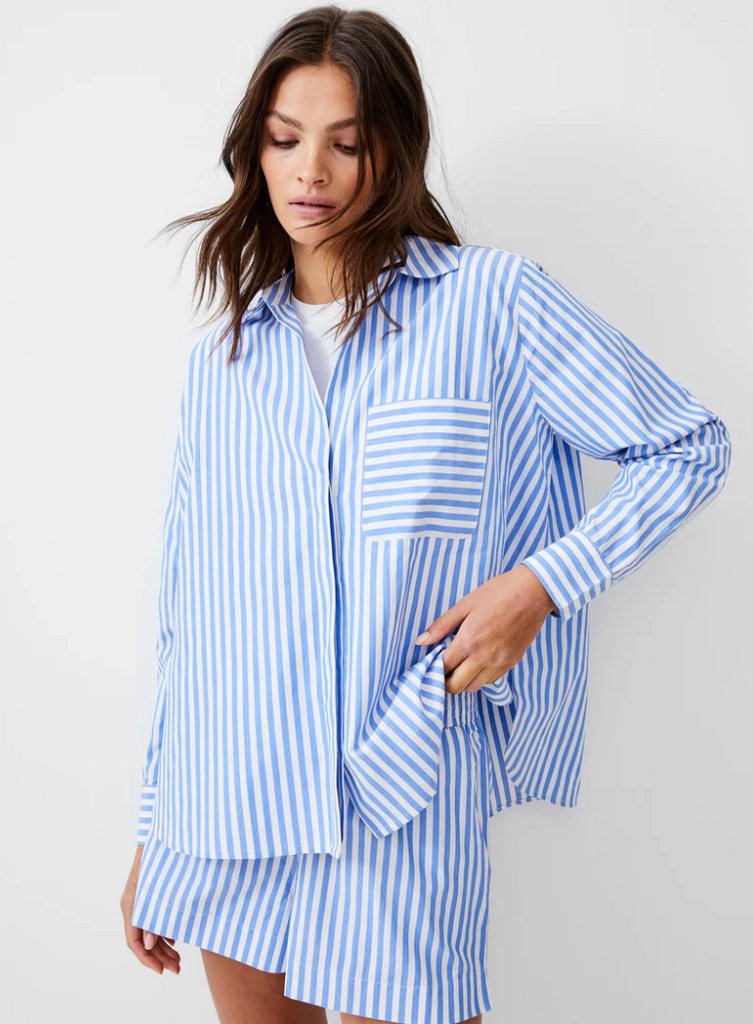 THICK STRIPE RELAXED POP OVER - BLUE/LINEN WHITE