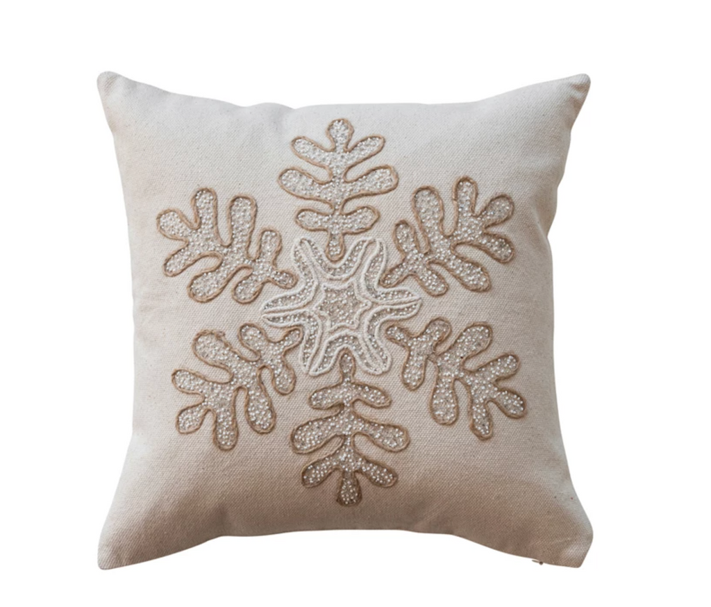 18" SQUARE COTTON CANVAS PILLOW WITH EMBROIDERED SNOWFLAKE & BEADS