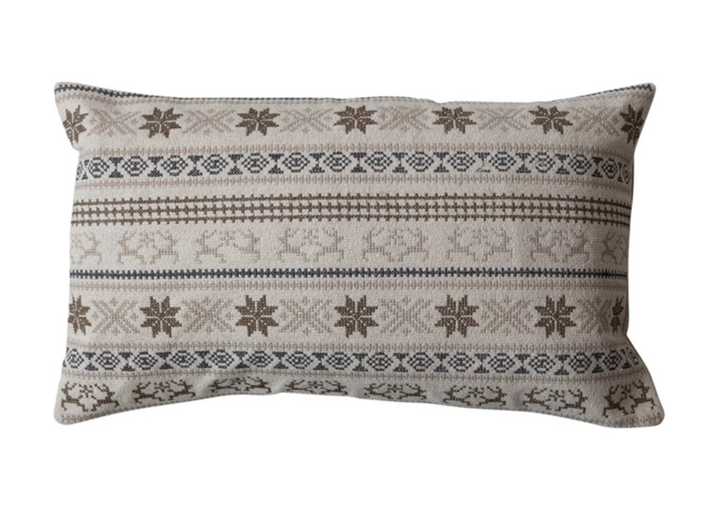 COTTON EMBROIDERED LUMBAR PILLOW WITH REINDEER/ SNOWFLAKES PATTERN