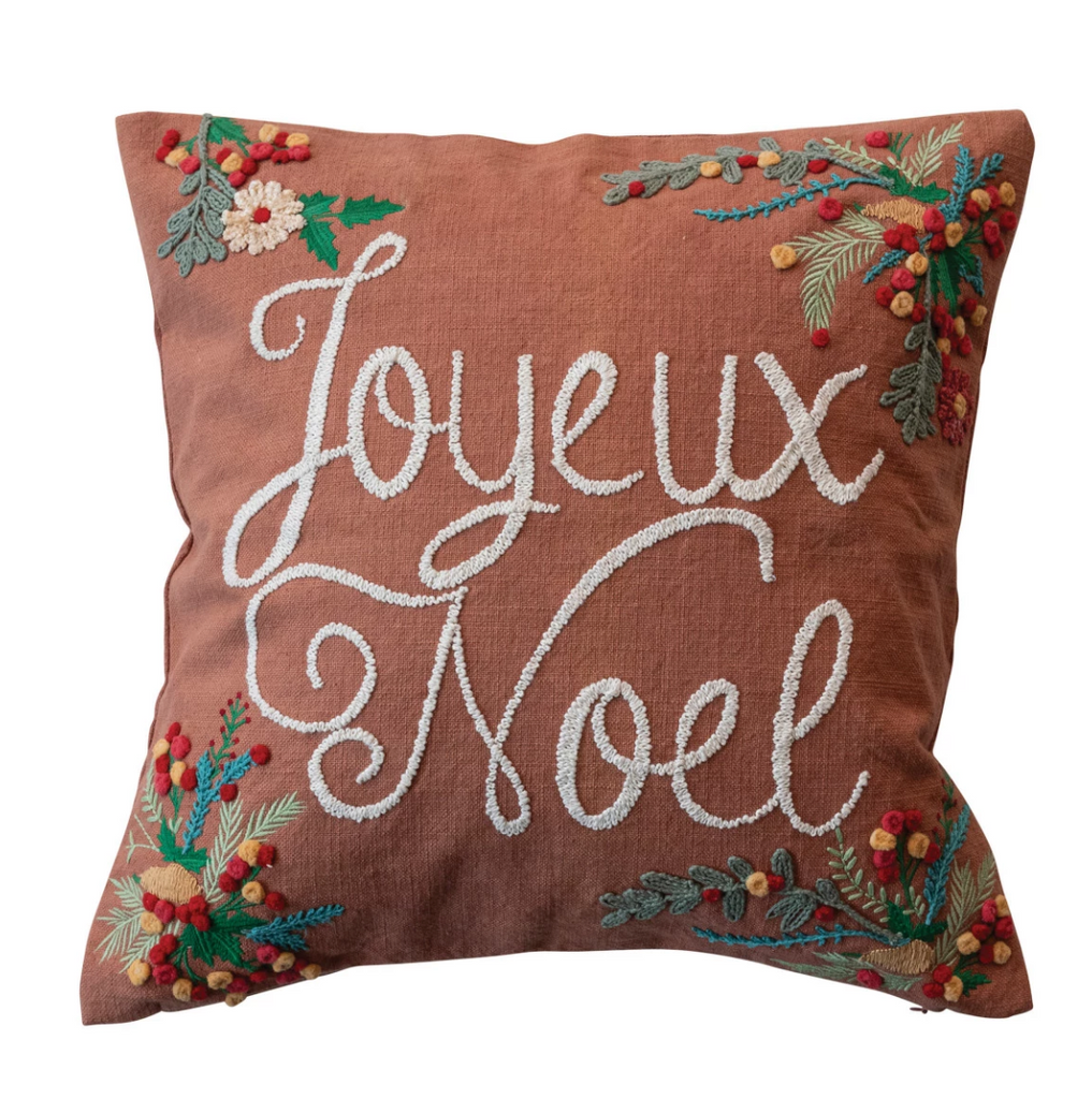 20" SQUARE COTTON PILLOW WITH EMBROIDERED BOTANICALS JOYEUX NOEL